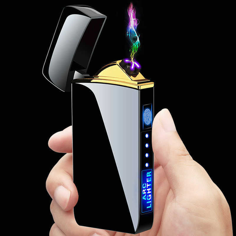 2023 New Windproof Metal Flameless Electric Lighter Dual Arc Plasma USB LED Power Display Touch Induction W260202