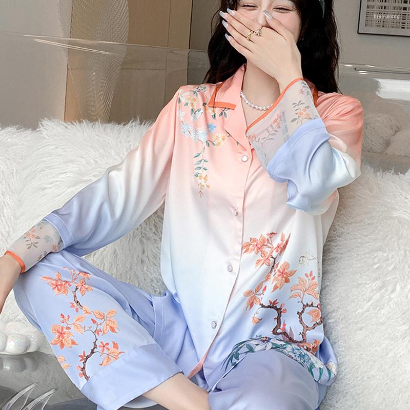 Women's Sleepwear Fashion Gradual Color Pajamas Set Chinese Style Printed Shirt Trousers Two-Piece Nightwear Sexy Lace Stitching Cuffs, Blue
Women's Sleepwear Fashion Gradual Color Pajamas Set Chinese Style Printed Shirt Trousers Two-Piece Nightwear Sexy Lace Stitching Cuffs, Blue