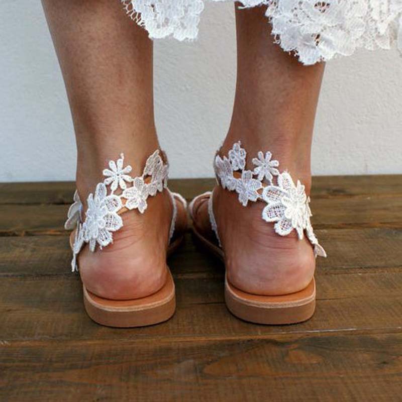 Summer Women White Flat Wedding Shoes Lace Appliques Open Toe Bridal Sandals Slippers Ankle Strap Beach Flatforms Shoes