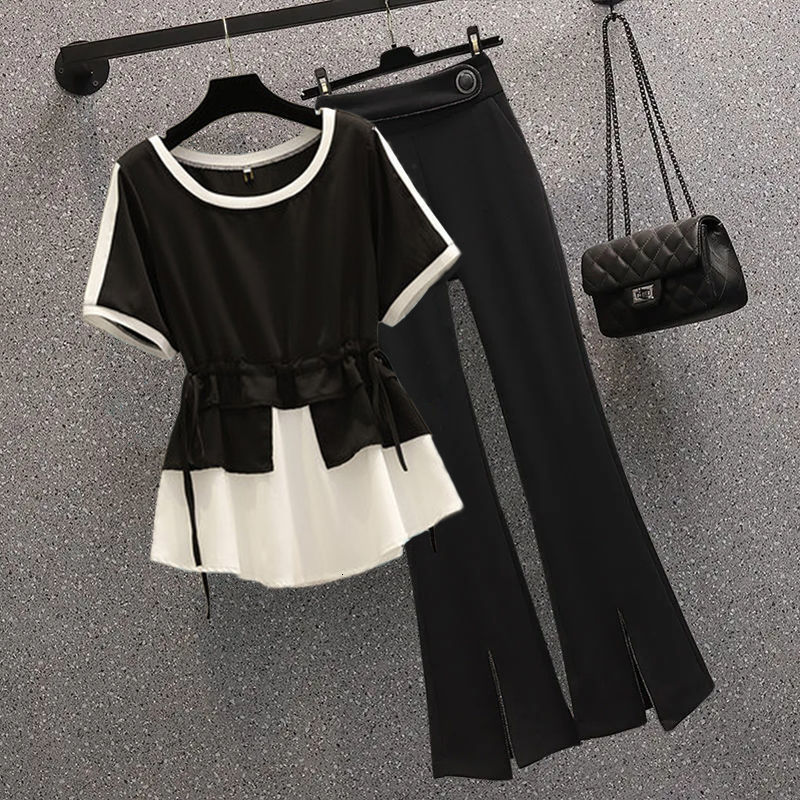 Women s Tracksuits 2023 Summer Elegant Pants Set Fashion Stitching Chiffon Shirt Wide Leg Two piece Female Blazer Blouse 230629