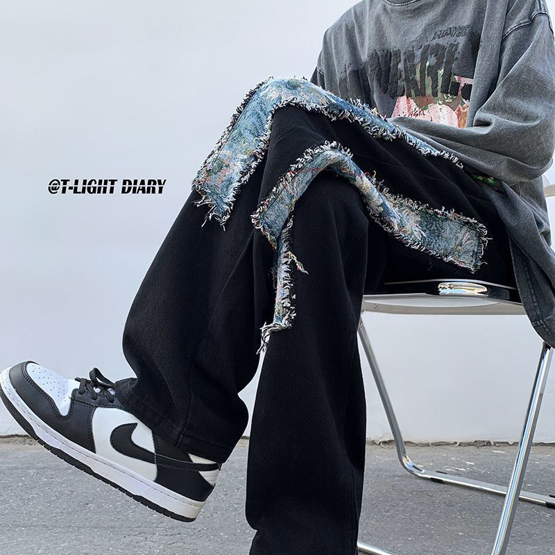Men s Jeans Loose Trendy Retro Trousers Patch Raw Edge Versatile High Street Straight Leg Mopping 230629