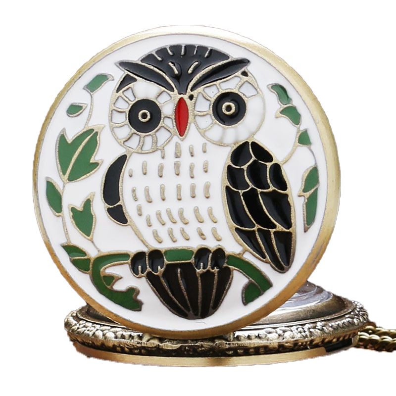 Bronze Small Animal Epoxy Cartoon Owl Painting Pocket Watch Quartz Clock Necklace Chain Relogio De Bolso Gifts for Men Women