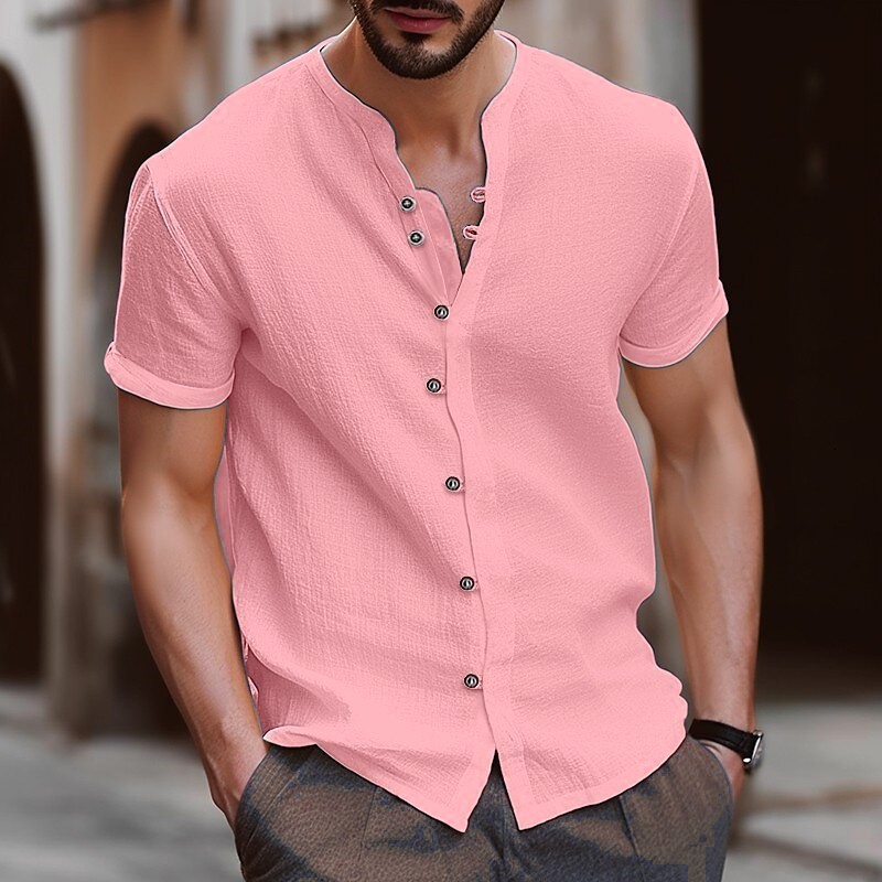 Men's Dress Shirts Retro Style Summer Casual Cotton Linen Shirt Mock Neck Solid VNeck Short Sleeve Loose Top Handsome US Size 230628