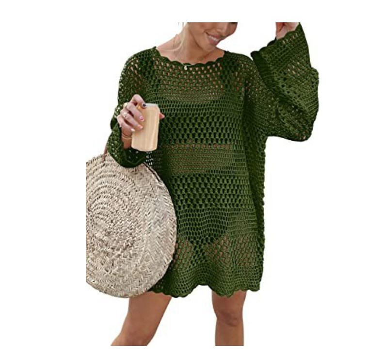 Casual Dresses Knit Dress Crew Neck Hollowed Out Crochet Loose Casual Long Sleeves Sweater Mini Dress