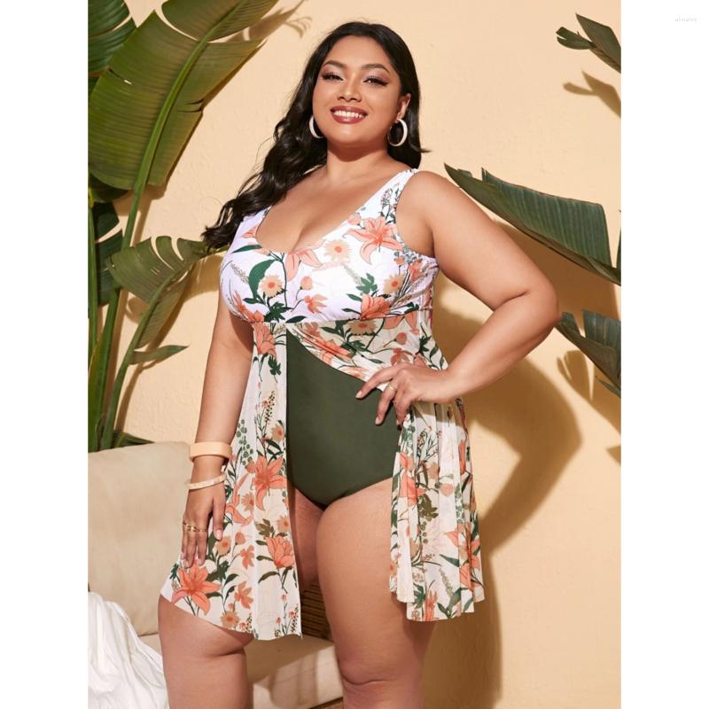 Womens Swimwear One Piece Swimsuit Floral Print Push Up Swimswear Curve Plus Size Backless Bathing Suit Swimming Dress Large Beachwear