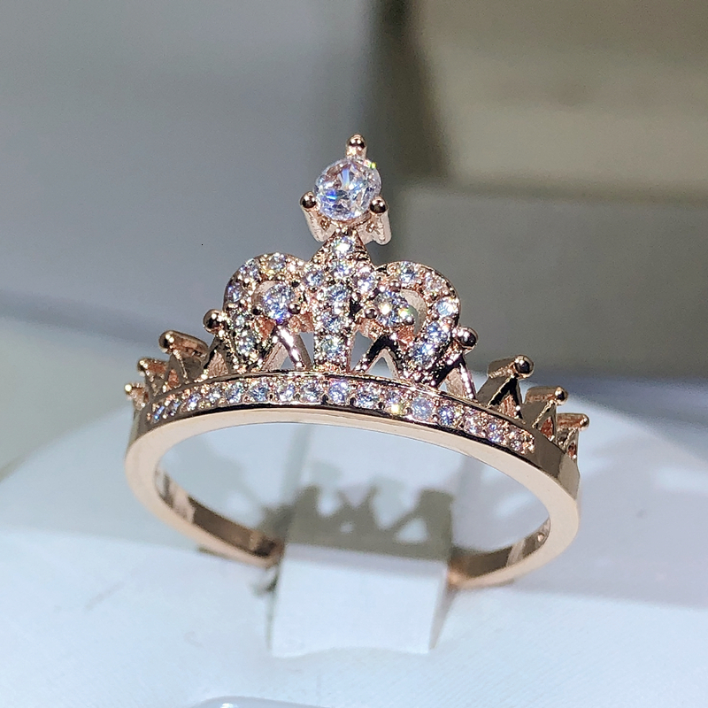 With Side Stones 925 Silver Exquisite Princess Crown Ring For Ladies Rose Gold Zircon Engagement Birthday Jewelry Gift 230629