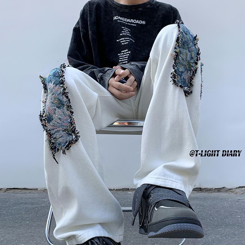 Men s Jeans Loose Trendy Retro Trousers Patch Raw Edge Versatile High Street Straight Leg Mopping 230629