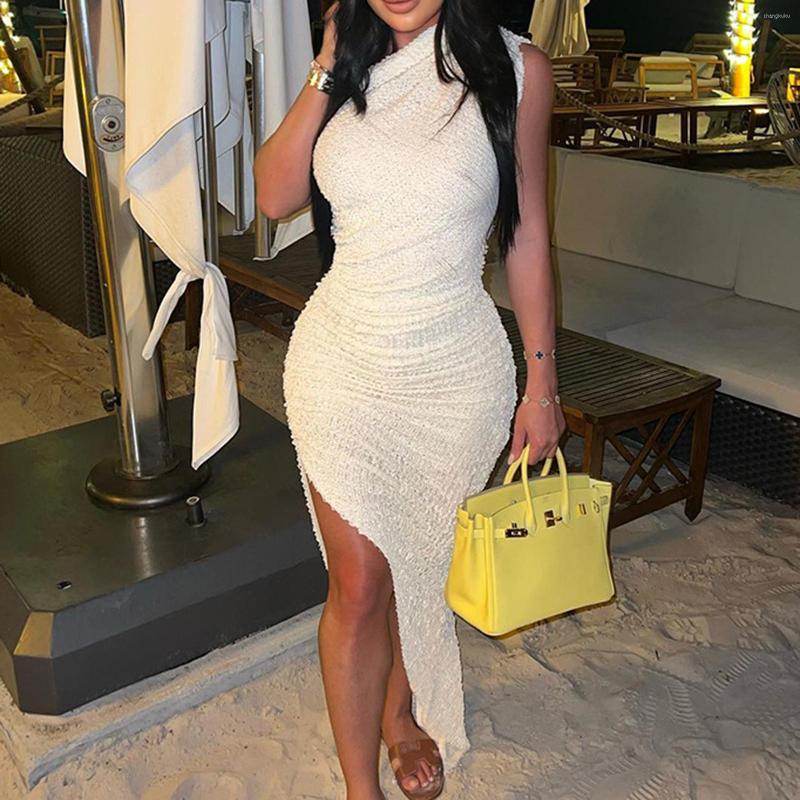 

Casual Dresses Summer Party Female Side Slit One Shoulder Ruched Bodycon Dress Asymmetrical Y2K Vestidos Clubwear White For Women, Ivory