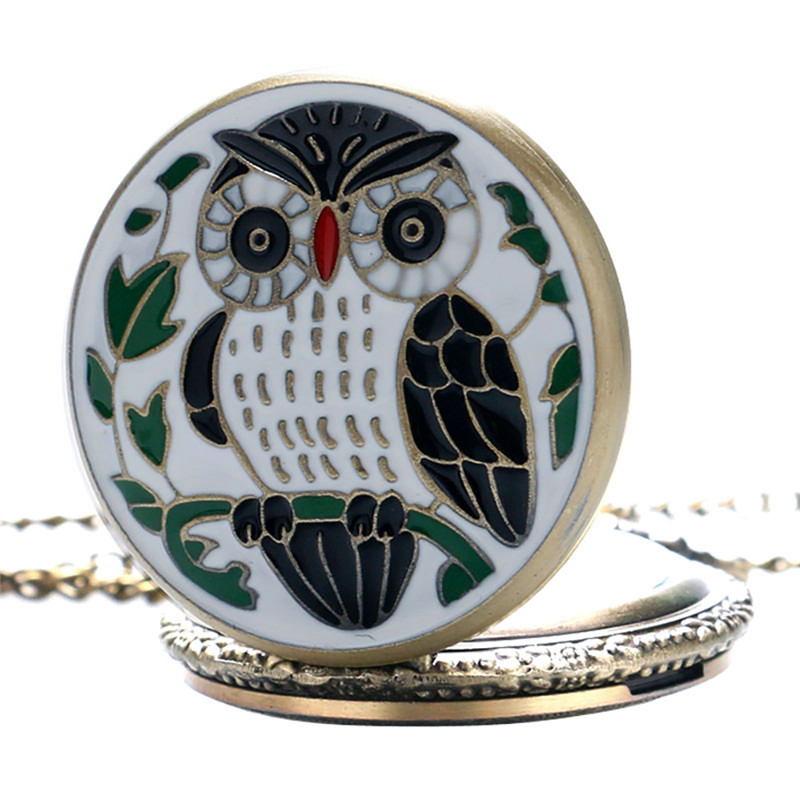 Bronze Small Animal Epoxy Cartoon Owl Painting Pocket Watch Quartz Clock Necklace Chain Relogio De Bolso Gifts for Men Women