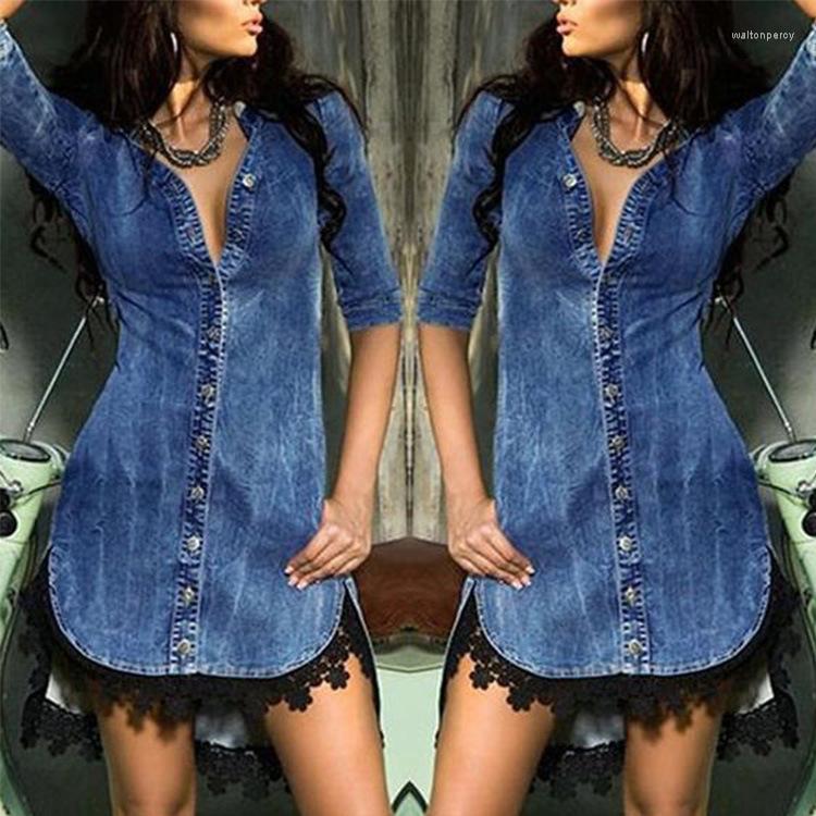Casual Dresses Women Jeans Shirts V-neck Half Sleeve Lace Patchwork Irregularity Denim Dress Summer Female Solid Mini Robe