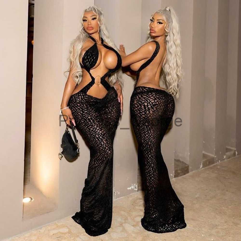 Party Dresses Sexy Backless Cut Out Maxi Dress Women Fishnet Holes See Through Party Vestidos 2023 Summer Black Gothic Fairy Grunge Clothes L260121