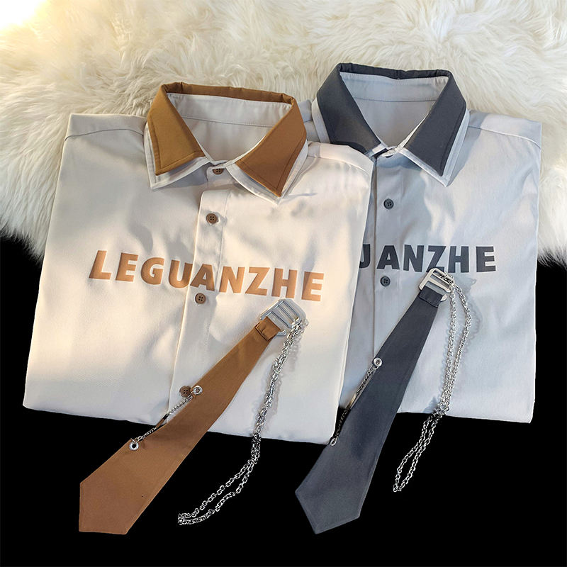 Men s Dress Shirts Korean Long sleeved Men Comfortable Blouses Casual Loose College Style Couple Single Breasted Shirt with Chain Tie 230629