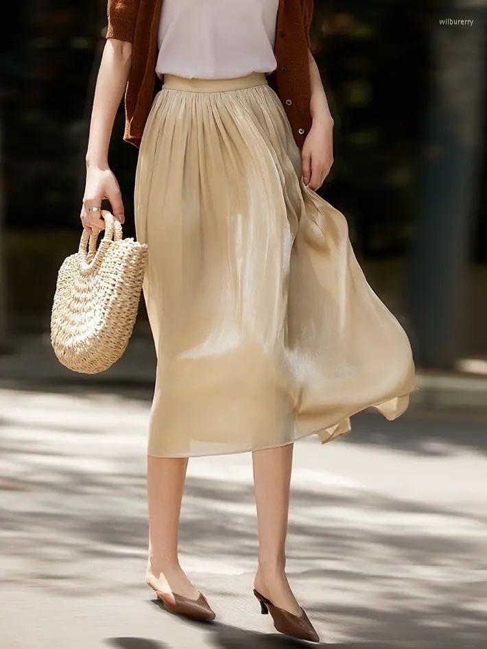 Skirts 2023 Spring Summer Women Satin Elastic Waist Pleated Mid-length Skirt, Champagne green
Skirts 2023 Spring Summer Women Satin Elastic Waist Pleated Mid-length Skirt, Champagne green