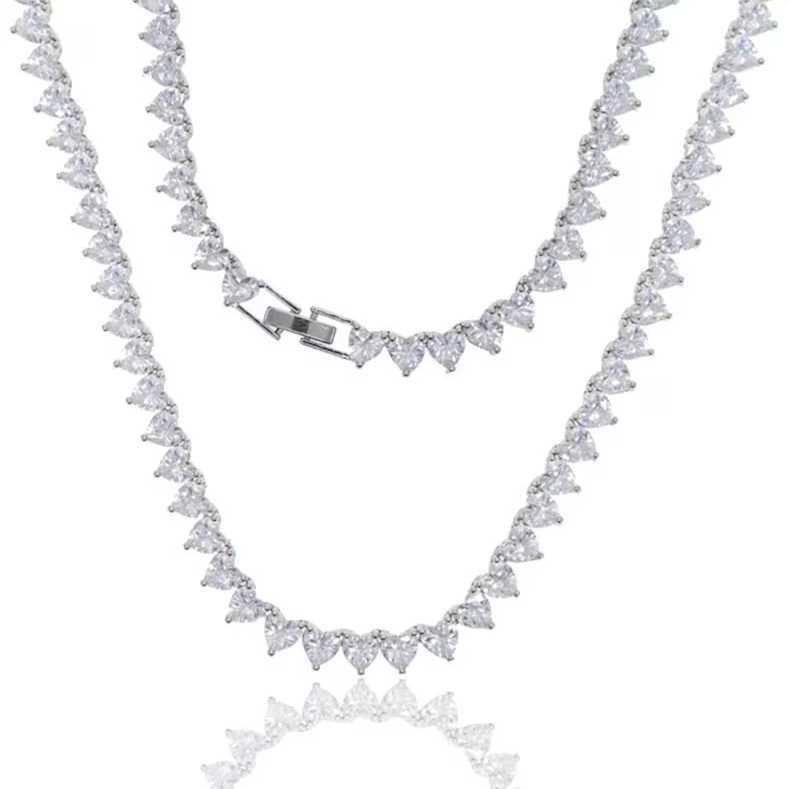 Fashion Fine Jewelry Custom Heart Cut Iced Out Moissanite Tennis Link Chain Hip Hop Sterling Silver 925 Tennis Chain Necklace