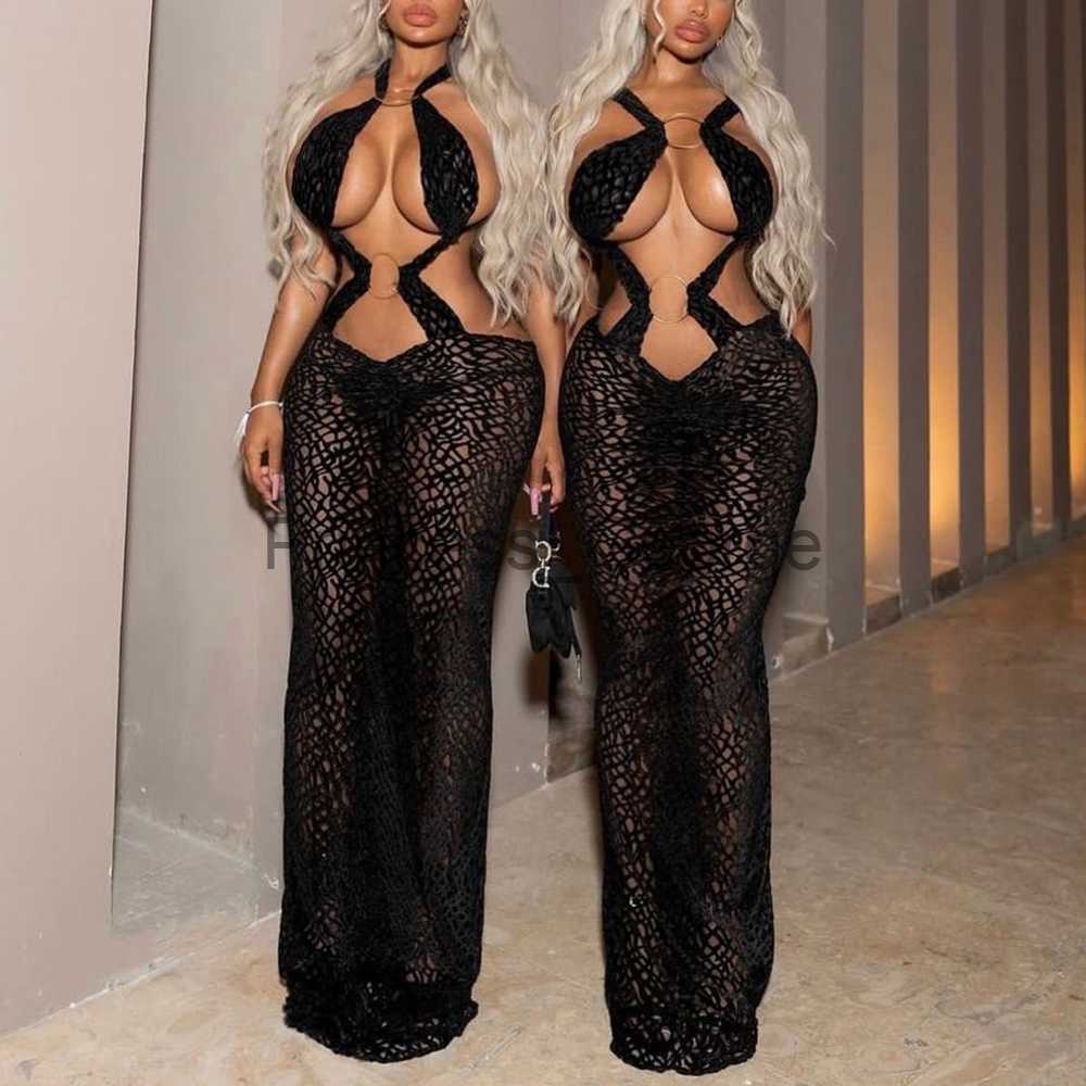 Party Dresses Sexy Backless Cut Out Maxi Dress Women Fishnet Holes See Through Party Vestidos 2023 Summer Black Gothic Fairy Grunge Clothes L260121