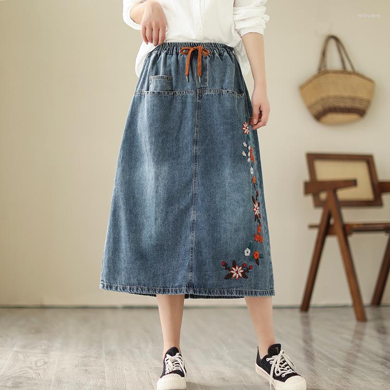 Skirts Antique Embroidery Design Blue Skirt Women's Summer Literary Style A-Line Girl High Waist Mid-length Female
Skirts Antique Embroidery Design Blue Skirt Women's Summer Literary Style A-Line Girl High Waist Mid-length Female