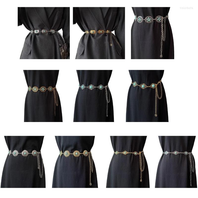 

Belts Delicate Relief Turquoise Buckle Waist Belt Women Prom Party Dress Thin Shinning Ethnic Style Adjustable, Round golden