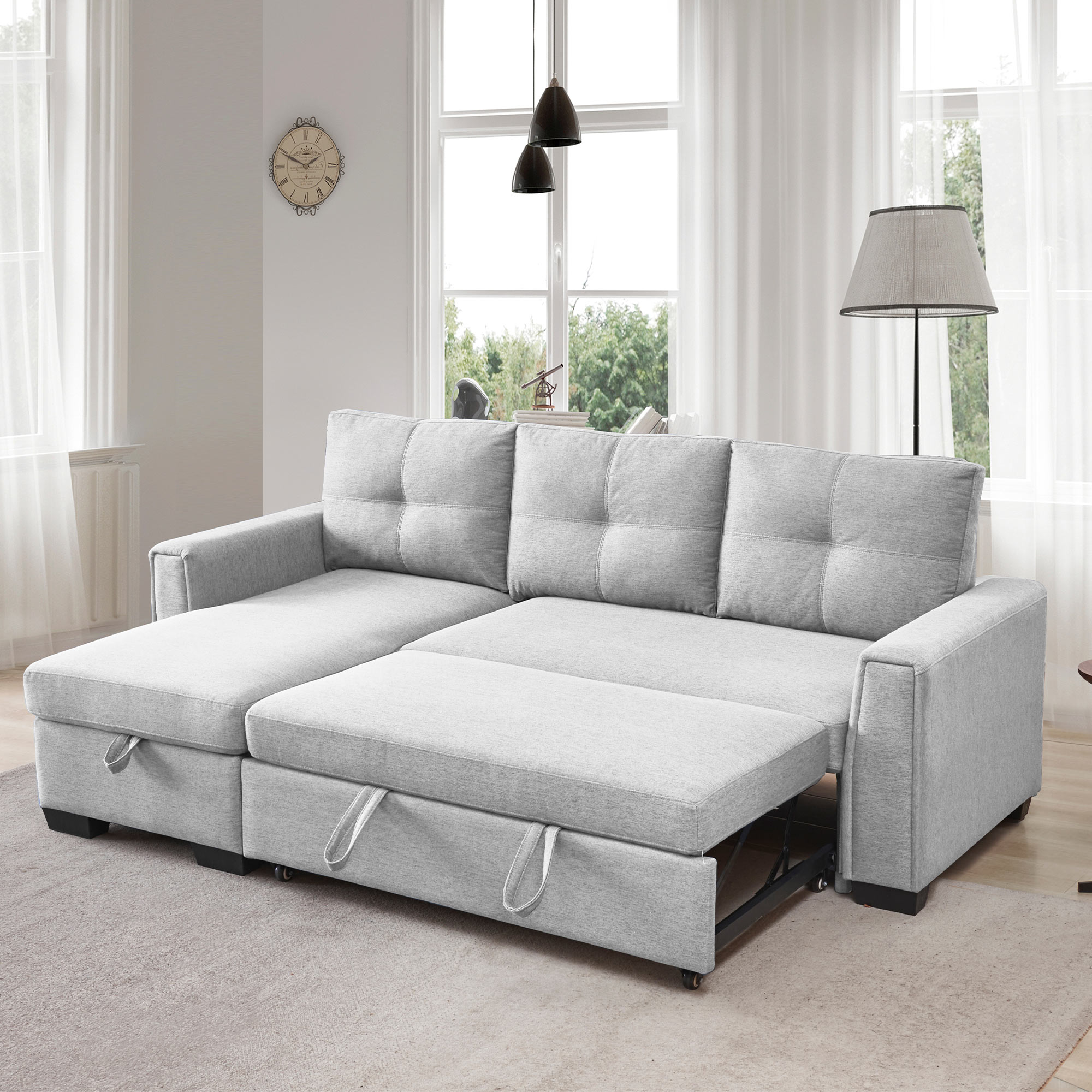 917 Inches Fabric Convertible Reversible Sleeper Sectional Sofa Couch with Storage Chaise Pull-Out Sleeper Bed L-Shape 3-Seater for Living Room Beige 