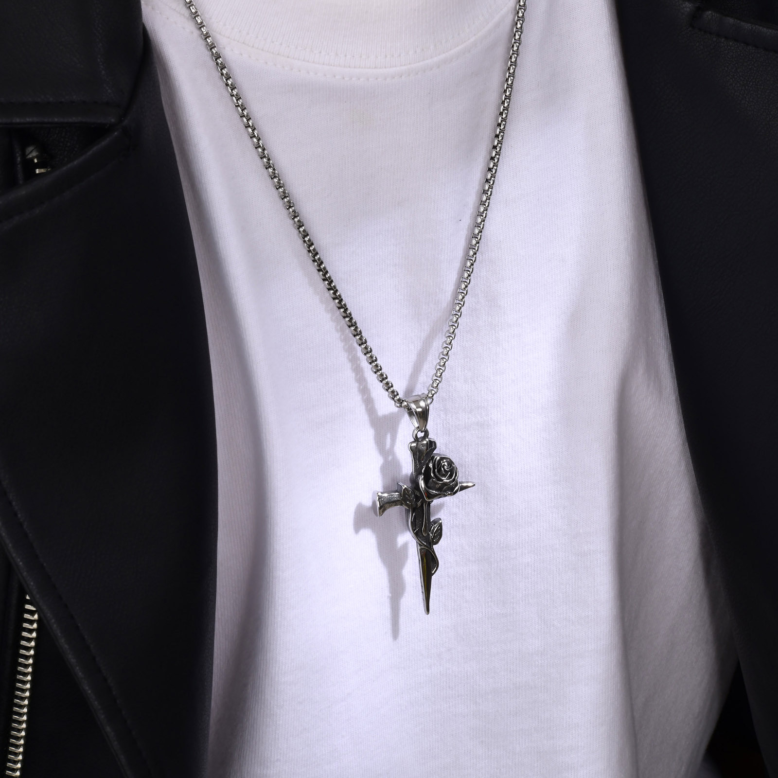 Stainless Steel Rose Cross Necklace Genderless Necklace Jewelry Vintage Style Necklace Pendant Accessories For Men Women Gifts Dropshipping Wholesale 