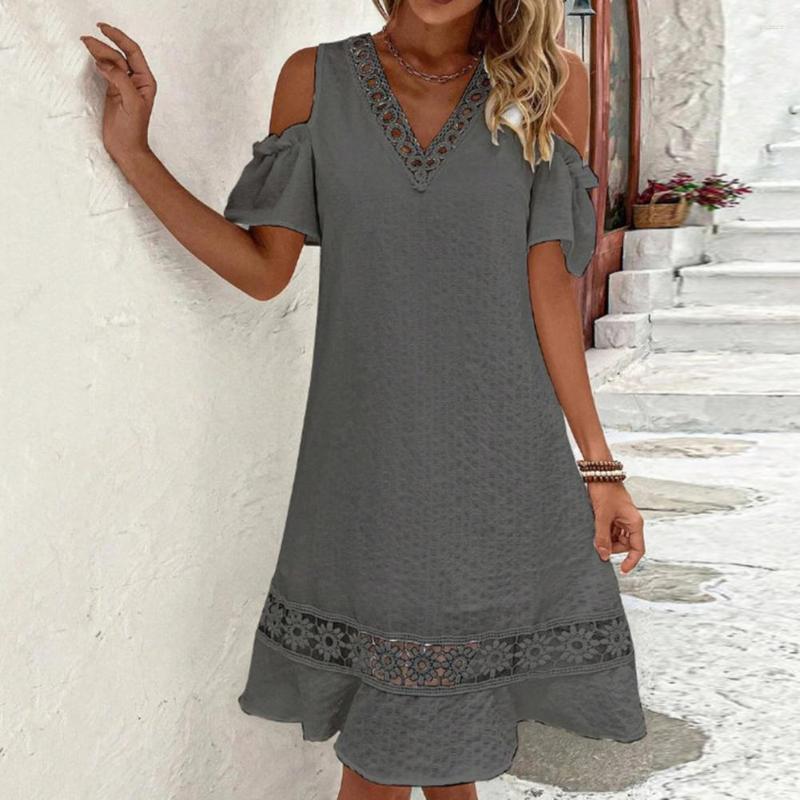Casual Dresses Women Dress V Neck Hollow Out A-line Loose Hem Patchwork Flower Decor Shirring Solid Short Sleeves Feamle Dating Party, Black
Casual Dresses Women Dress V Neck Hollow Out A-line Loose Hem Patchwork Flower Decor Shirring Solid Short Sleeves Feamle Dating Party, Black