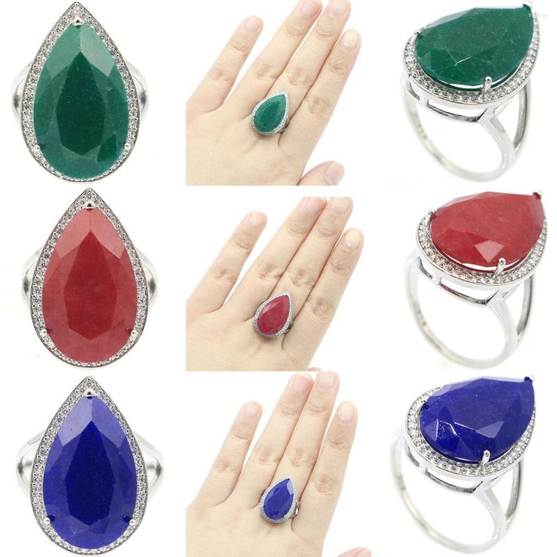 

Cluster Rings 27x18mm Gorgeous Big Gemstone Drop 23x14mm Real Red Ruby Green Emerald Blue Sapphire Females Wedding Engagement Silver