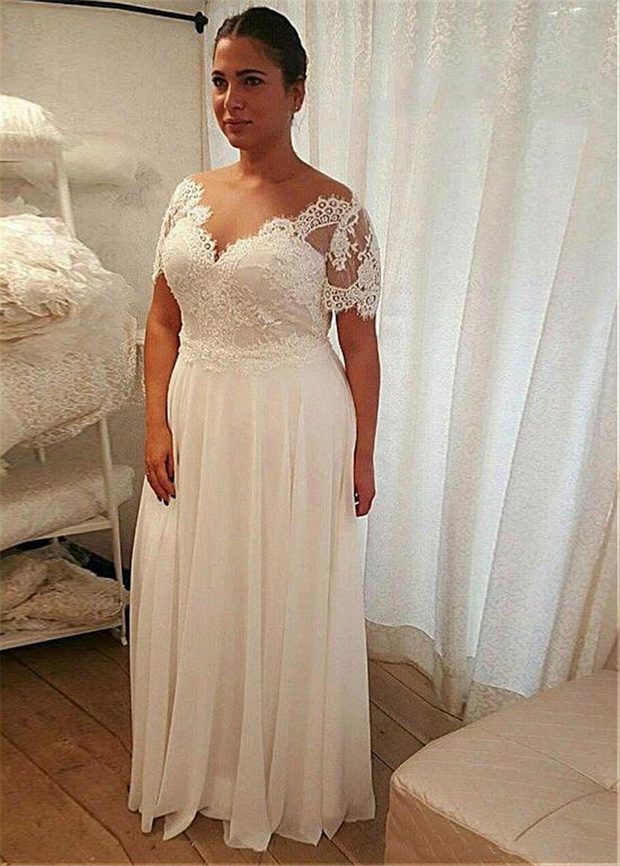 Plus Size Chiffon Wedding Dresses 2023 Sheer Neck Lace Top Short Sleeves Appliques Custom Beach Bridal Gowns Bride Dress Vestidos De Novia