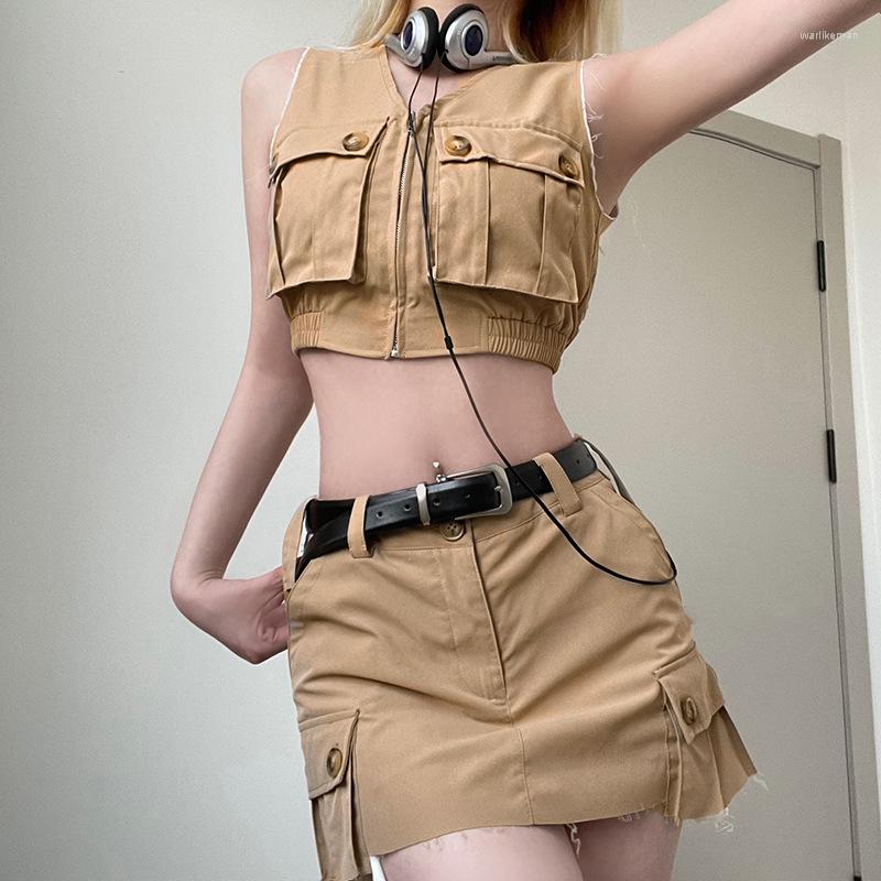 Skirts 2023 Safari Style Sexy Sleeveless Women' Zipper Top Y2K Streetwear Pockets High Waist Casual Short Skirt Korean Street Suit, Khaki
Skirts 2023 Safari Style Sexy Sleeveless Women' Zipper Top Y2K Streetwear Pockets High Waist Casual Short Skirt Korean Street Suit, Khaki