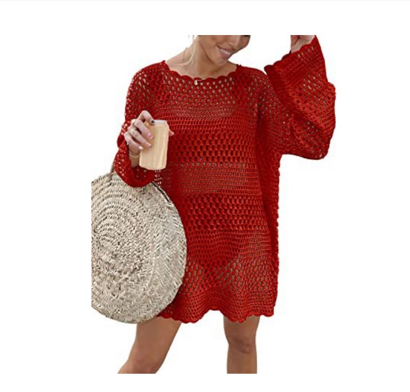 Casual Dresses Knit Dress Crew Neck Hollowed Out Crochet Loose Casual Long Sleeves Sweater Mini Dress