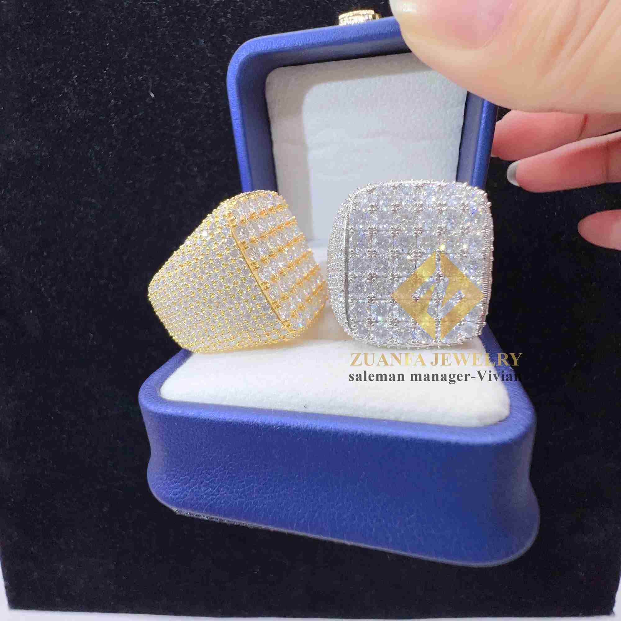 Fashion fine jewelry vvs moissanite iced out rings men gold plated sterg sier dia hip hop ring