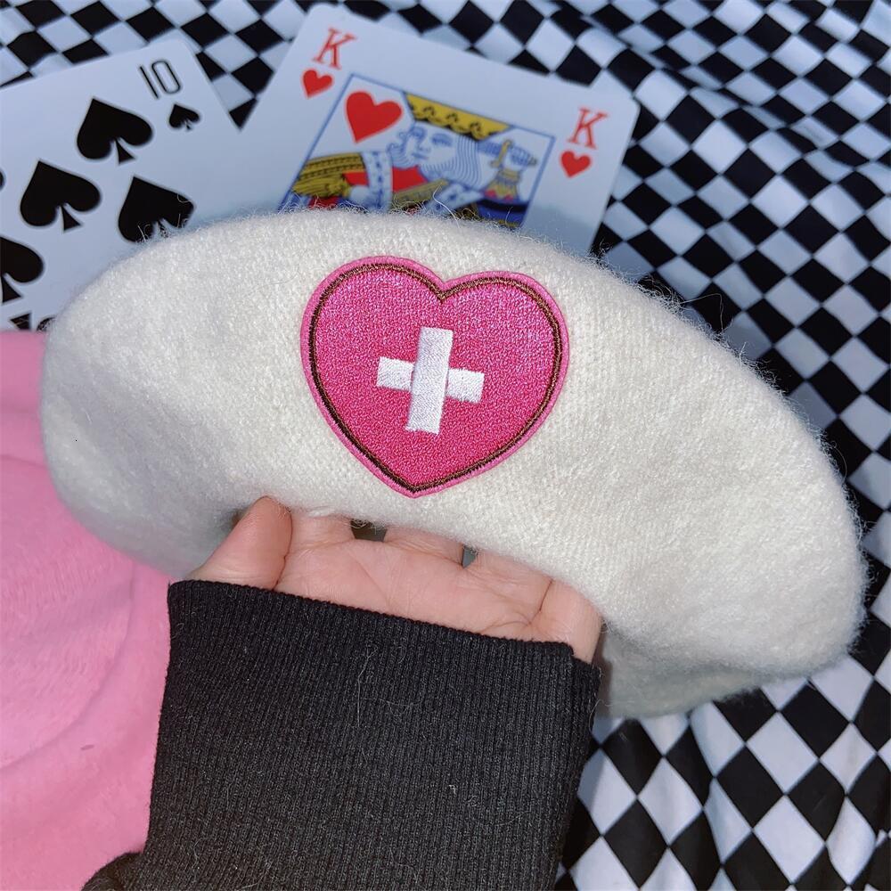 Berets Pink Girl Beret Japanese Cute Harajuku Y2K Sweet Heart Love Cross Embroidery Women Hat 230629