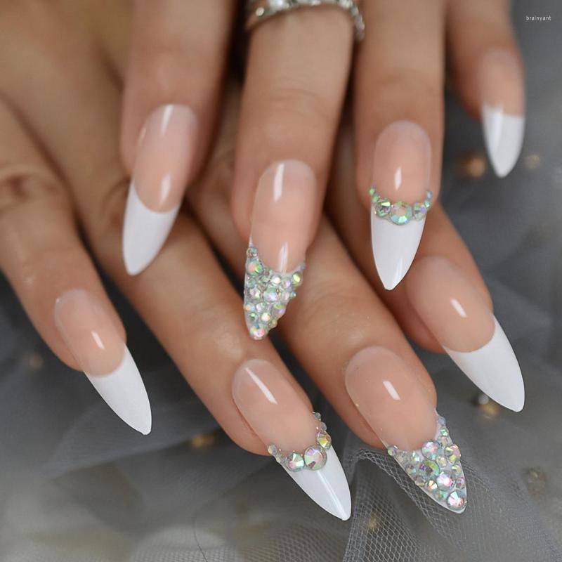 False Nails Custom Press On AB Crystal Pre-designed French Tip Stiletto Long White Nude Crafted Faux Ongles Kit 24, L5274
False Nails Custom Press On AB Crystal Pre-designed French Tip Stiletto Long White Nude Crafted Faux Ongles Kit 24, L5274