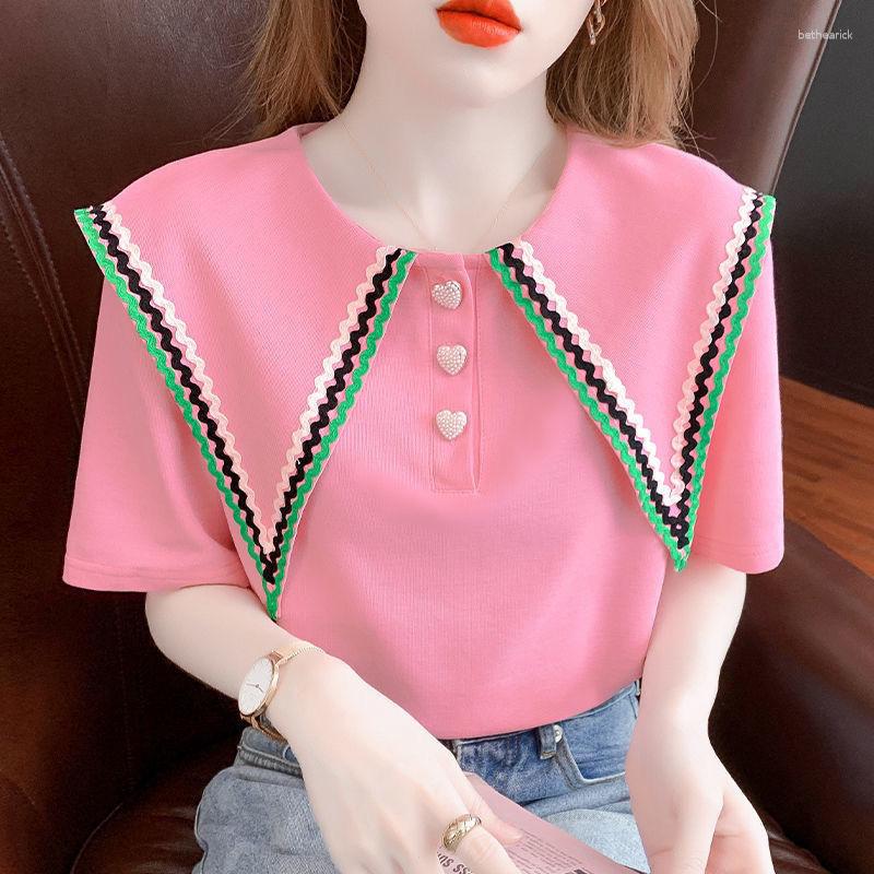Women' T Shirts Sweet Doll Collar Short Sleeve T-shirts Loose Sleeves Crop Top Temperament Vintage Clothes Korean Fashion Camisetas Q172, Pink
Women' T Shirts Sweet Doll Collar Short Sleeve T-shirts Loose Sleeves Crop Top Temperament Vintage Clothes Korean Fashion Camisetas Q172, Pink