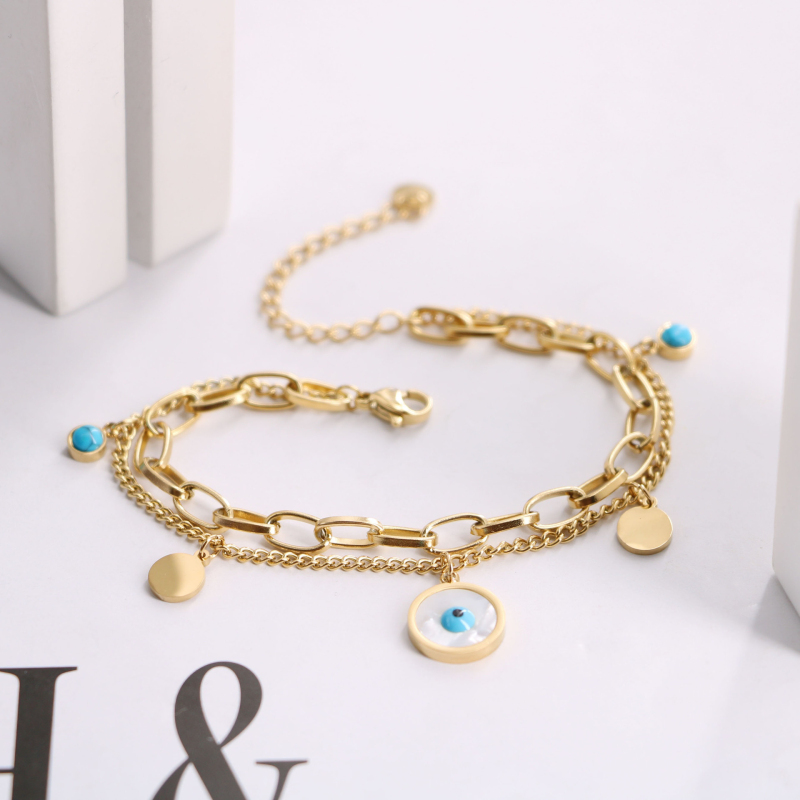 Double Layered White Shell Evil Eye Charm Bracelet Jewelry for Women Gift