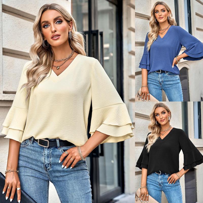 Women' T Shirts Spring And Summer Europe America Solid Loose V-neck Ruffle Sleeve Top For Women Clothes, Blue
Women' T Shirts Spring And Summer Europe America Solid Loose V-neck Ruffle Sleeve Top For Women Clothes, Blue