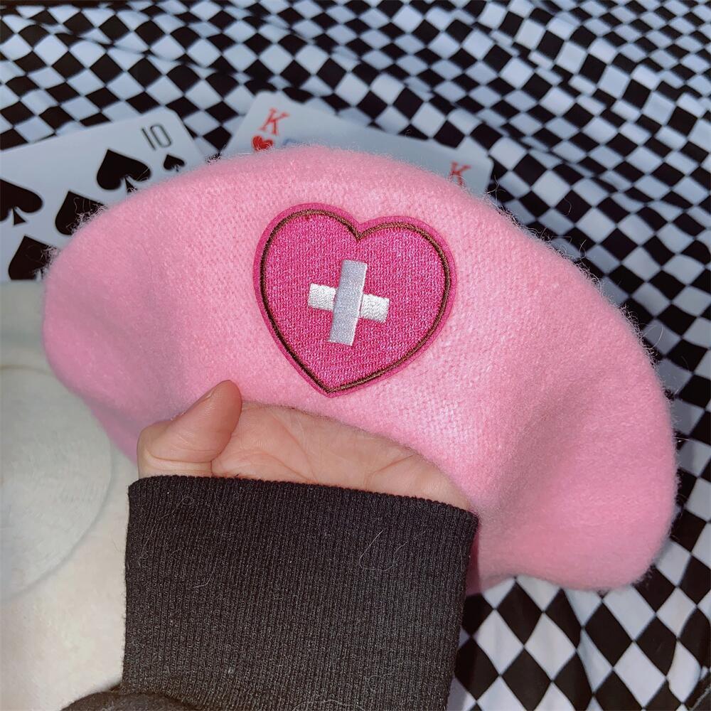 Berets Pink Girl Beret Japanese Cute Harajuku Y2K Sweet Heart Love Cross Embroidery Women Hat 230629