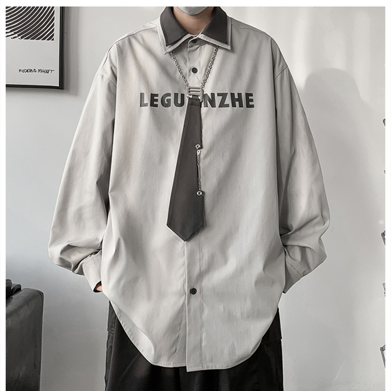 Men s Dress Shirts Korean Long sleeved Men Comfortable Blouses Casual Loose College Style Couple Single Breasted Shirt with Chain Tie 230629
