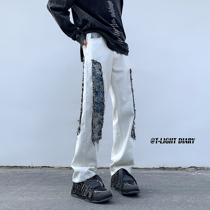 Men s Jeans Loose Trendy Retro Trousers Patch Raw Edge Versatile High Street Straight Leg Mopping 230629