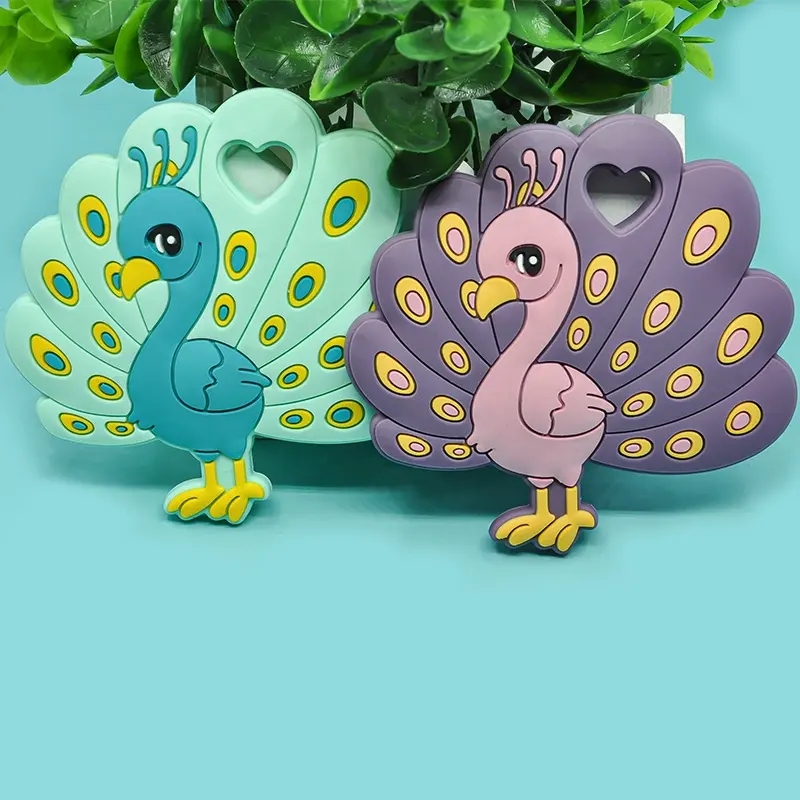 Baby Teethers Colorful Cute Peacock Shape Teething Toys BPA Free Food Grade Chewable Toy Pendants for Newborn Infant Shower Gifts
