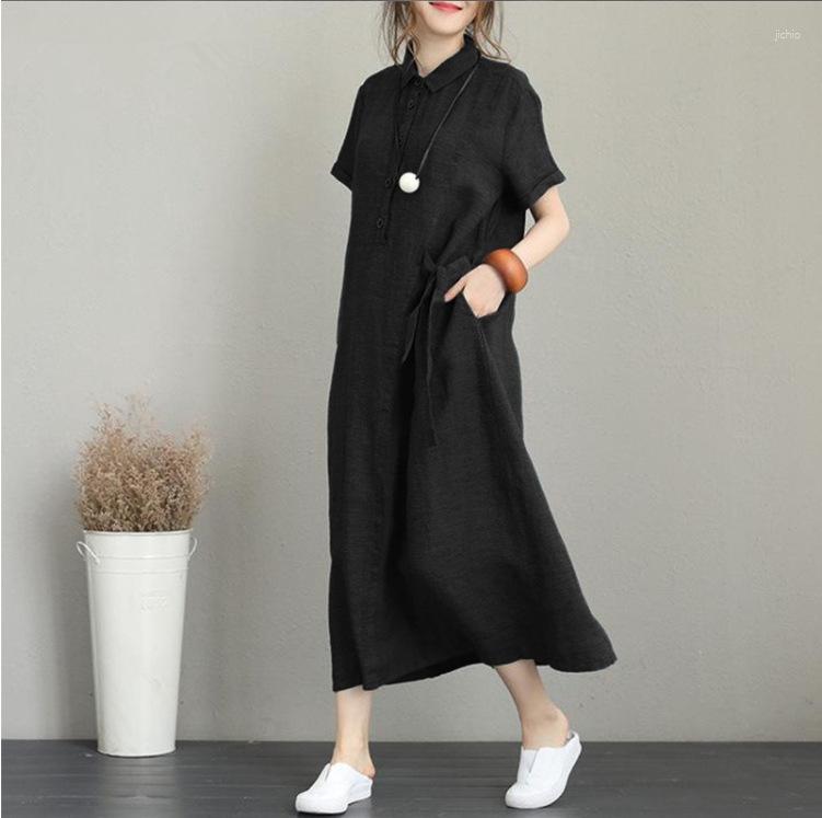 Casual Dresses Plus Size 3XL 4XL 5XL Summer Dress Women Cotton Linen Pocket For Streetwear O-Neck Loose Solid Midi