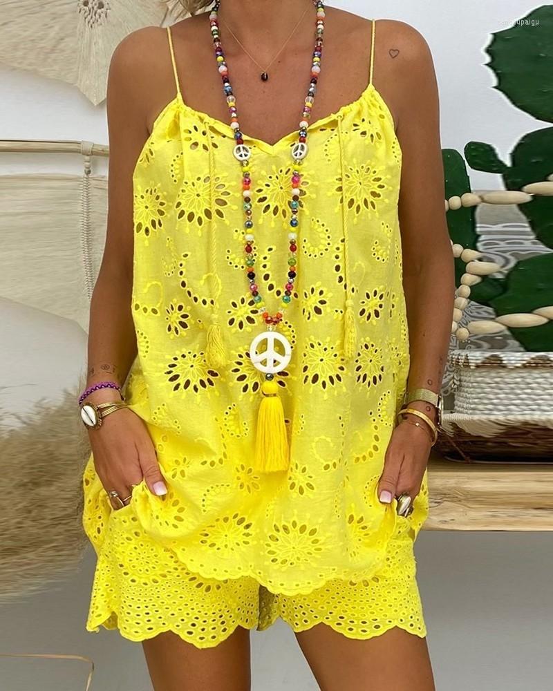 Women's Tracksuits Cotton Hollow Embroidery Tassel Strap Tops Shorts Two Piece Set 2023 White Yellow Bohemian Beach Summer Outfits
Women's Tracksuits Cotton Hollow Embroidery Tassel Strap Tops Shorts Two Piece Set 2023 White Yellow Bohemian Beach Summer Outfits