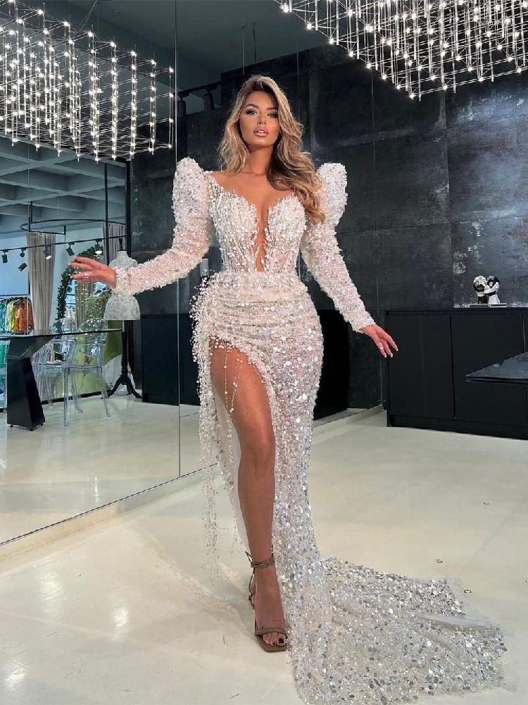 Party Dresses Elegant Evening Deep V Neck Long Sleeves Sequins Beaded Shiny 3D Lace Appliques Side Slit Prom Custom Made, Red
Party Dresses Elegant Evening Deep V Neck Long Sleeves Sequins Beaded Shiny 3D Lace Appliques Side Slit Prom Custom Made, Red