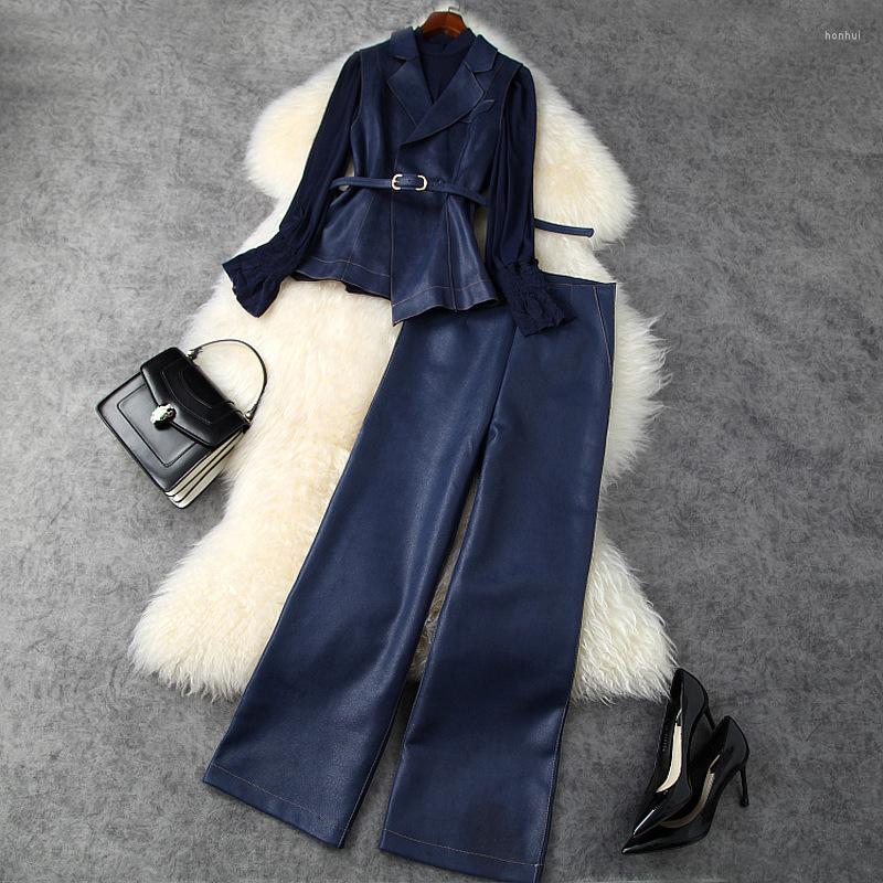 Women's Two Piece Pants 2023 Autumn Women OL Style Three Set Elegant Notched Collar Belt Vest And Sexy Mesh T Shirts Wide Leg Suits, Blue
Women's Two Piece Pants 2023 Autumn Women OL Style Three Set Elegant Notched Collar Belt Vest And Sexy Mesh T Shirts Wide Leg Suits, Blue