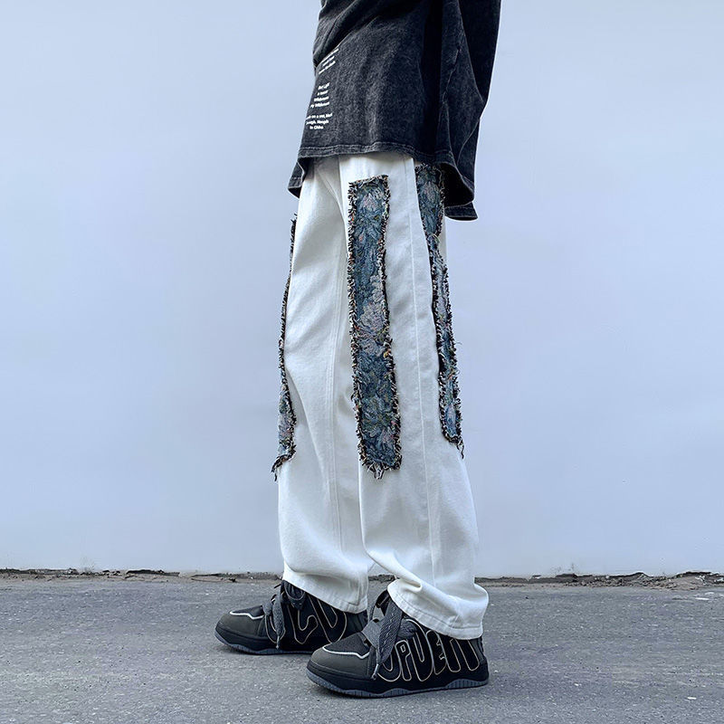Men s Jeans Loose Trendy Retro Trousers Patch Raw Edge Versatile High Street Straight Leg Mopping 230629