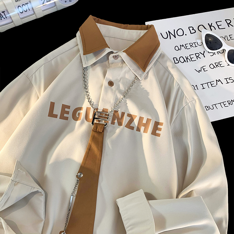 Men s Dress Shirts Korean Long sleeved Men Comfortable Blouses Casual Loose College Style Couple Single Breasted Shirt with Chain Tie 230629