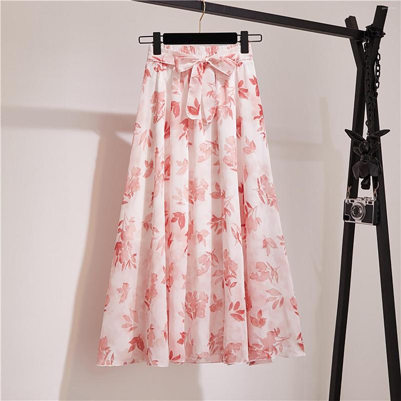 Skirts Waist High Dress Women Summer Floral Print Chiffon Girls Spring Korean A-Line Ladies Elegant Office Holiday Midi, Pink