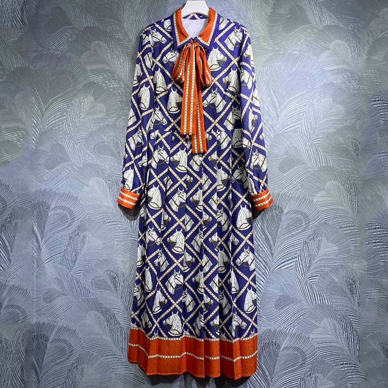 2023 Designer Dress Women's high-end feel, long sleeved lapel, light luxury temperament, waist up, slim fitting printed A-line dress for women, Customize