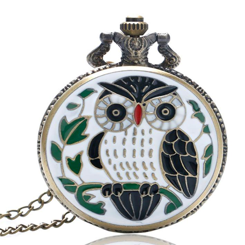 Bronze Small Animal Epoxy Cartoon Owl Painting Pocket Watch Quartz Clock Necklace Chain Relogio De Bolso Gifts for Men Women