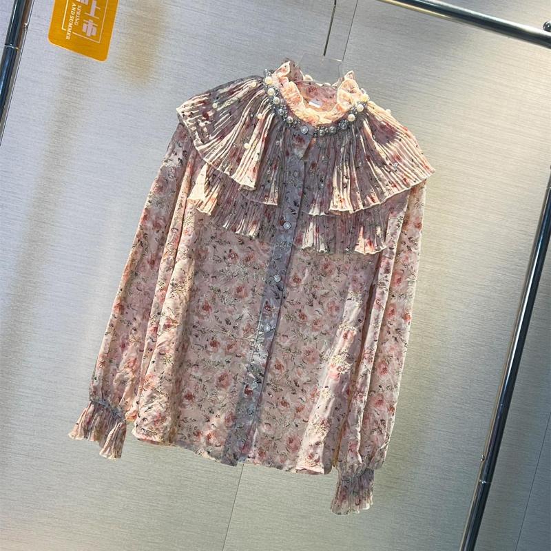 Women's T Shirts 2023 Elegant Floral Printed Chiffon Tops Women Stand Collar Long Sleeve Shirt Ruffle Spliced Casual Beading Blouse, As photo
Women's T Shirts 2023 Elegant Floral Printed Chiffon Tops Women Stand Collar Long Sleeve Shirt Ruffle Spliced Casual Beading Blouse, As photo