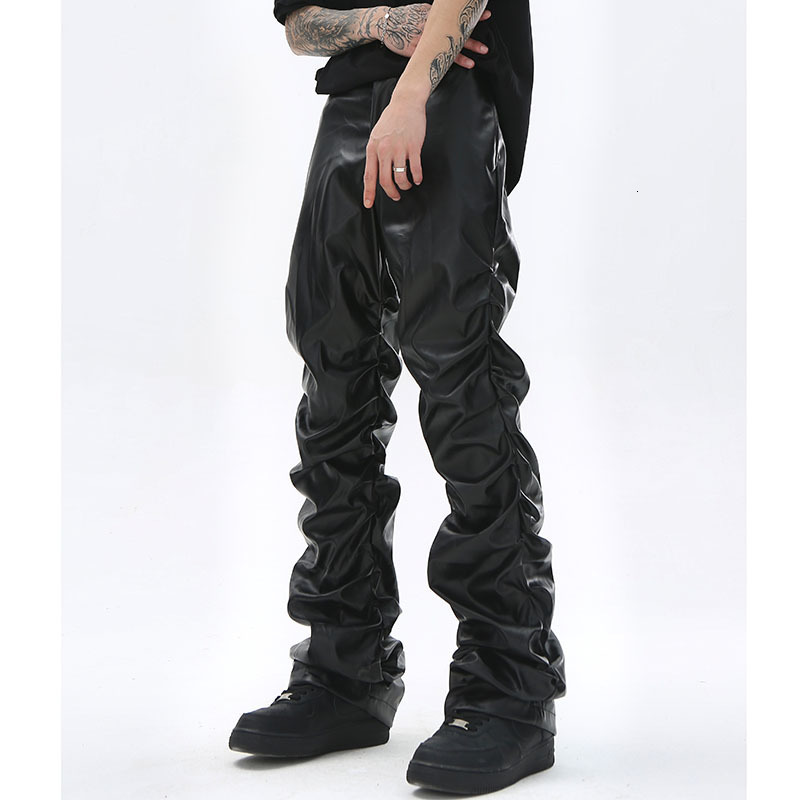 Men's Pants Hip Hop Mens Pleated Pu Leather Pants Harajuku Retro Streetwear Loose Ruched Casual Trousers Straight Solid Color Black Pants 230628