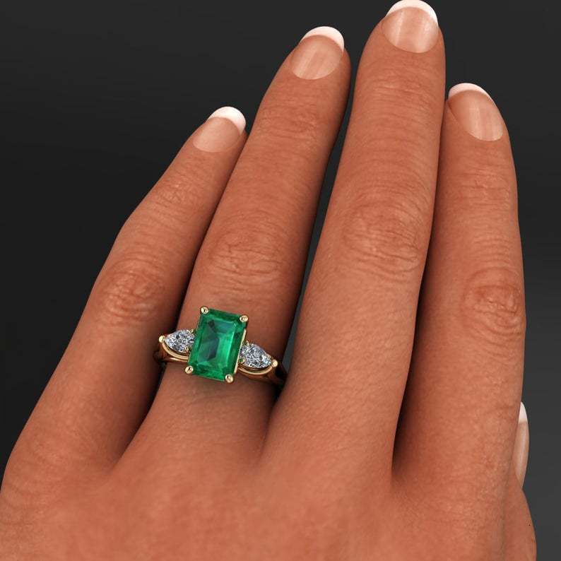 With Side Stones 14k Gold Jewelry Green Emerald Ring for Women Bague Diamant Bizuteria Anillos De Pure Gemstone Females 230629